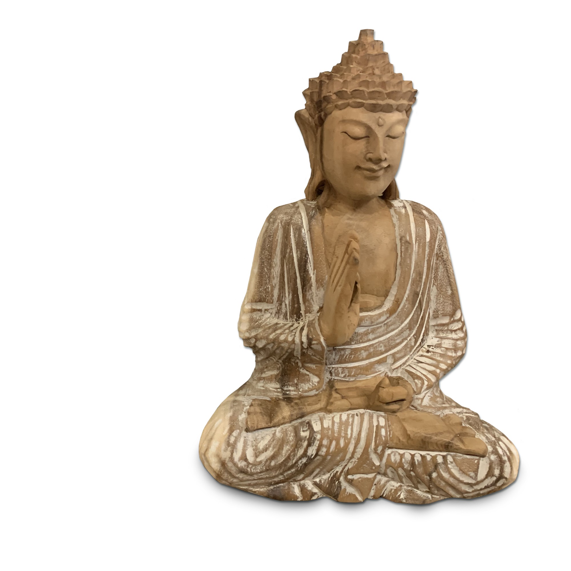 Holzskulptur Buddha sitzend, natur whitewash, B 23 cm, H 30 cm, T 13 cm von fischer's lagerhaus