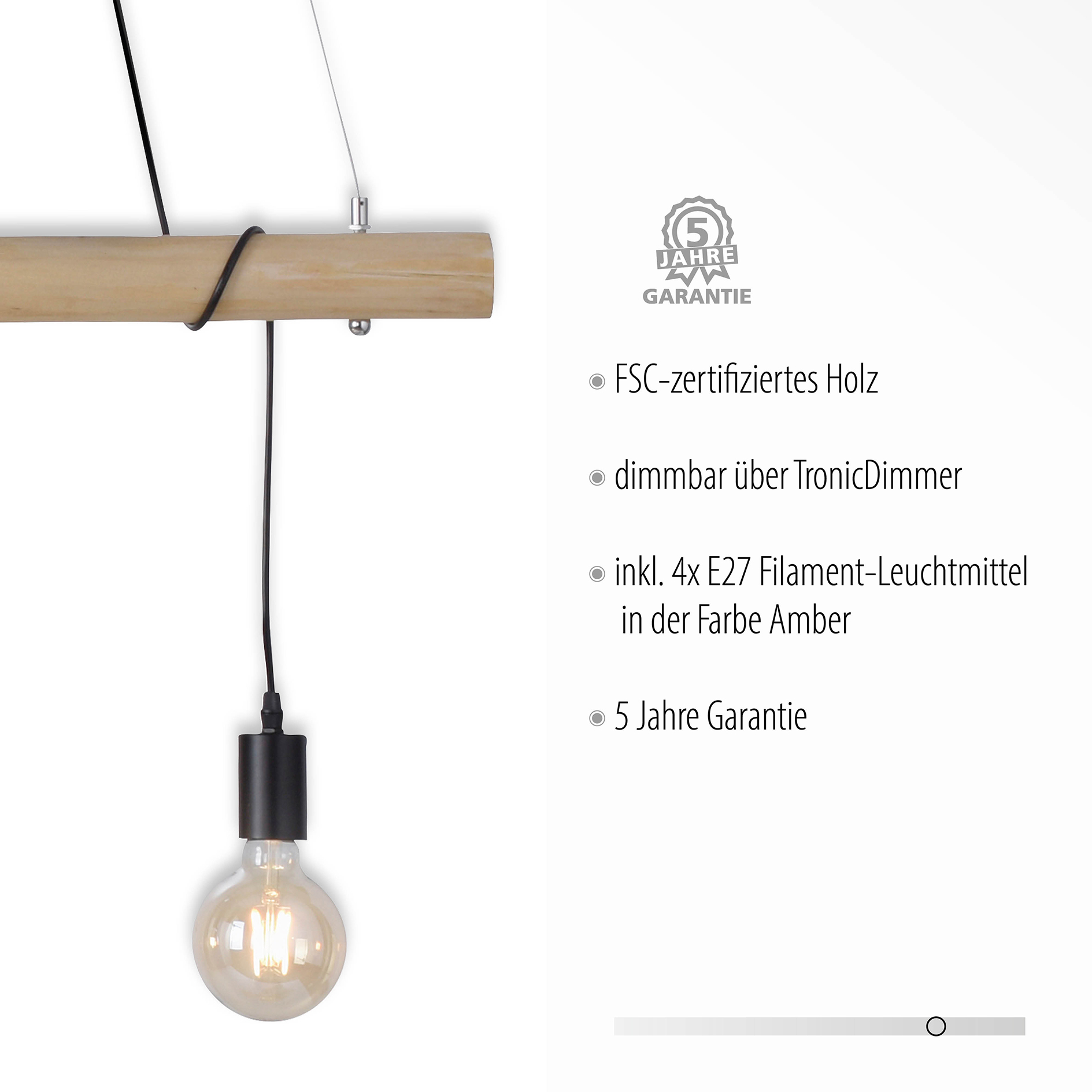 LED-Pendelleuchte - holzfarben-schwarz - 4-flammig - 120 cm