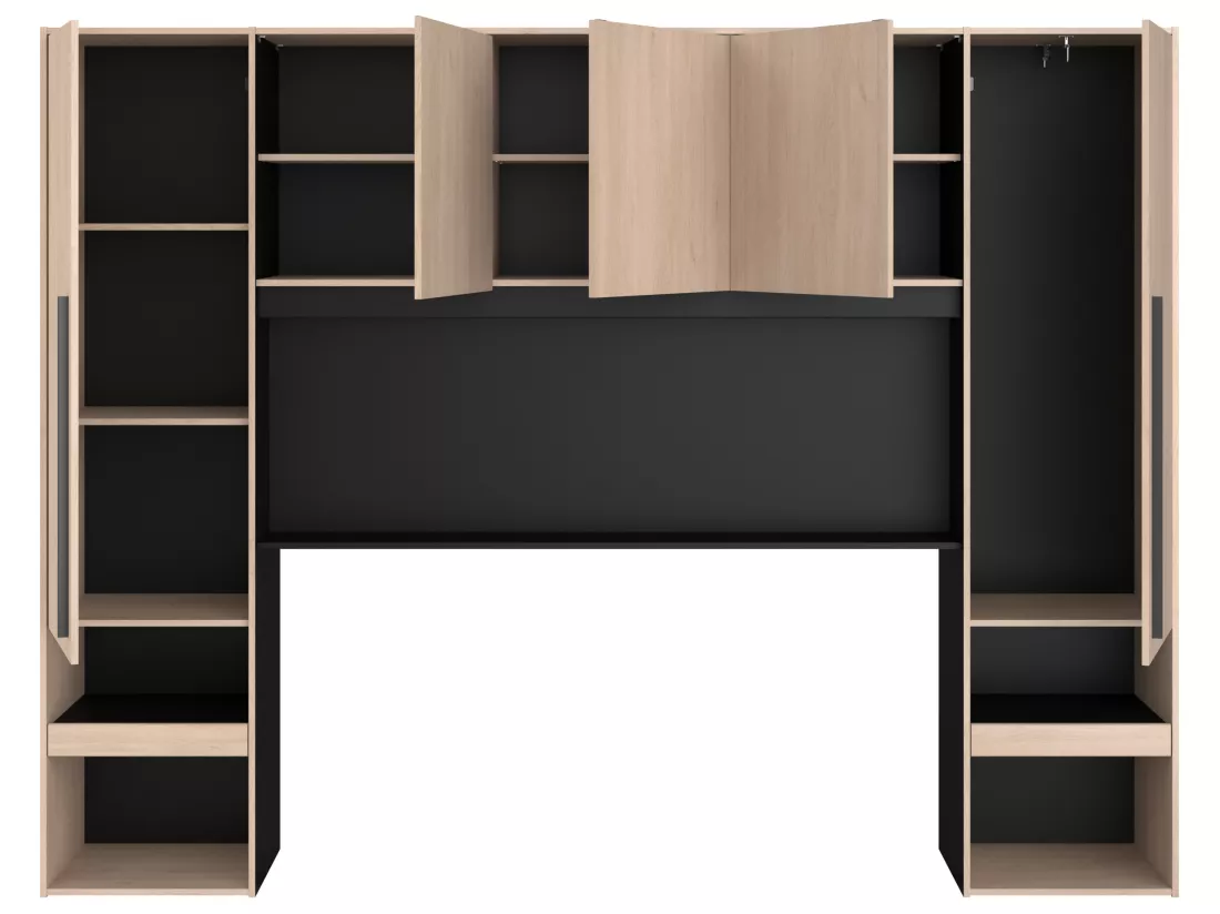 Lit pont 140 x 190 cm avec rangements - Avec LEDs - Coloris : Naturel et noir + Sommier - VELONA