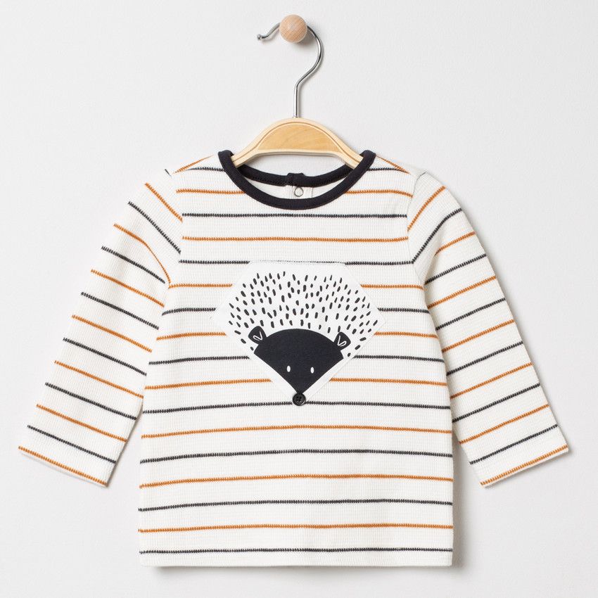 T-shirt manches longues en maille à rayures et motif hérisson - Ecru