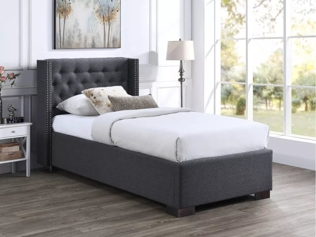 Lit coffre 90 x 200 cm avec tête de lit capitonnée - Tissu - Gris + Matelas - MASSIMO