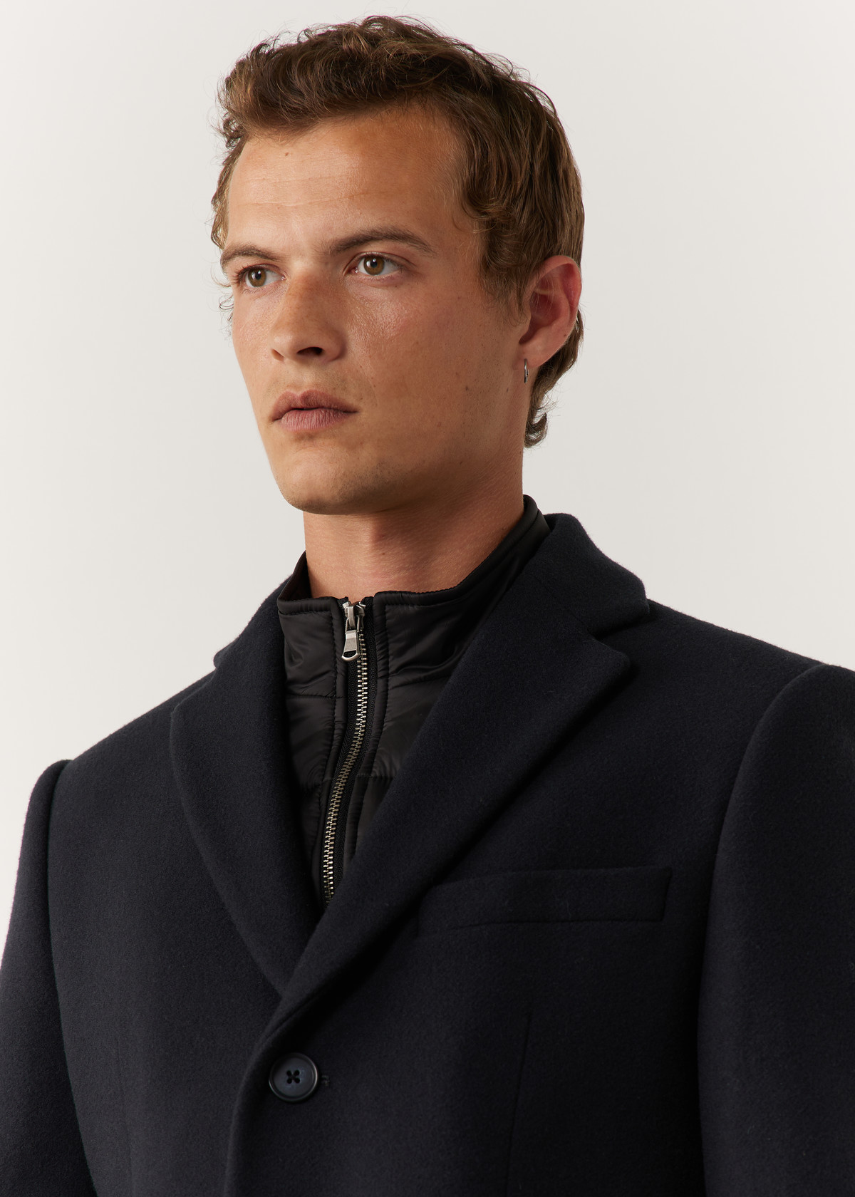 Manteau en laine mélangée unie bleu prusse à parementure amovible
