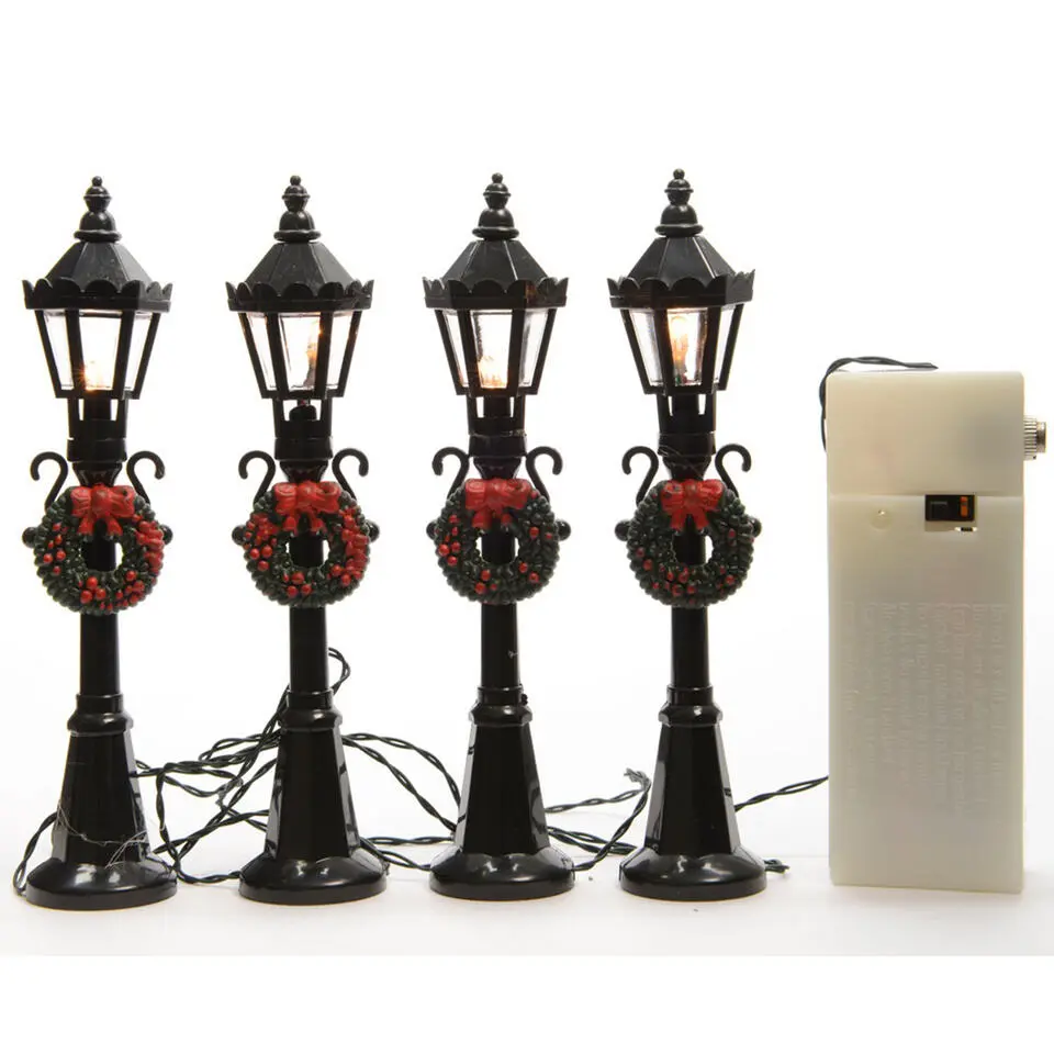 Lumineo kerstdorp - 4x st - 12 cm - met licht - lantaarnpalen