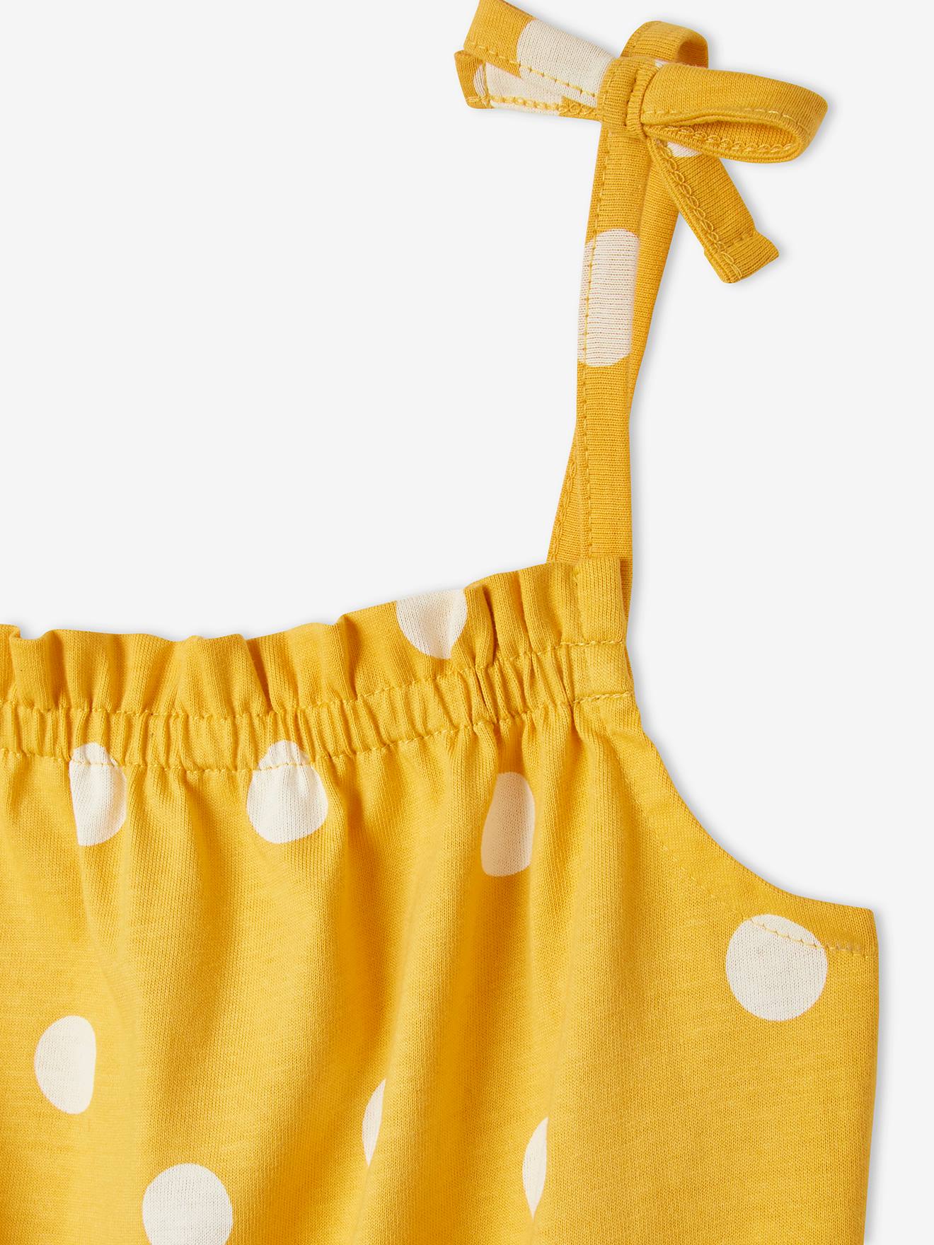 Macacão curto com alças e estampa exótica, para meninas, estampa amarelo escuro.