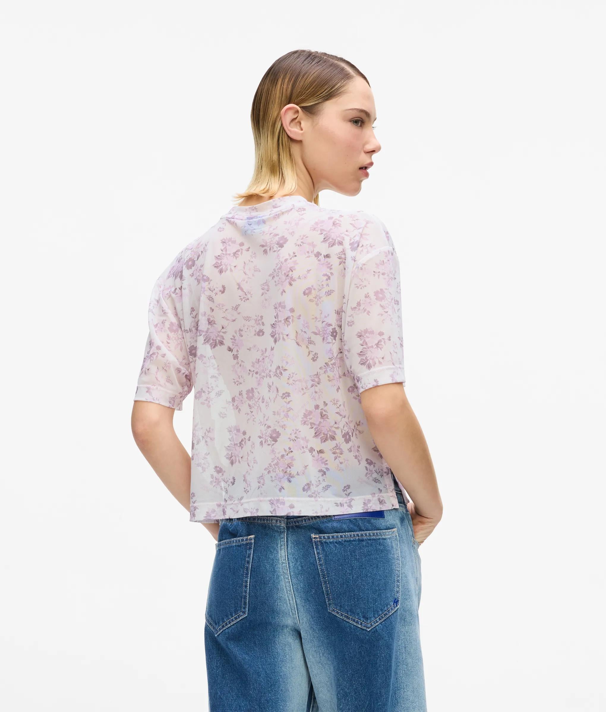 Gebloemd mesh t-shirt met korte mouwen