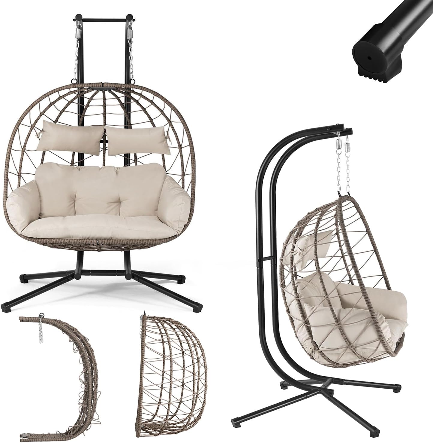 Juskys® Doppelhängesessel Aria - Polyrattan Hängesessel mit Gestell & Kissen - Schaukel für Zwei Personen - Outdoor Indoor Sessel - XXL Korb Beige