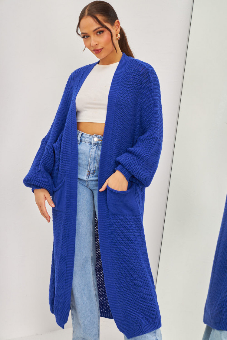 Gilet long bleu électrique en grosses mailles