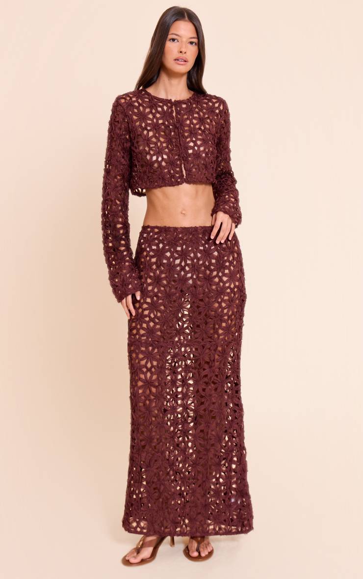 Marron Foncé Jupe Longue À Fleurs Texturée