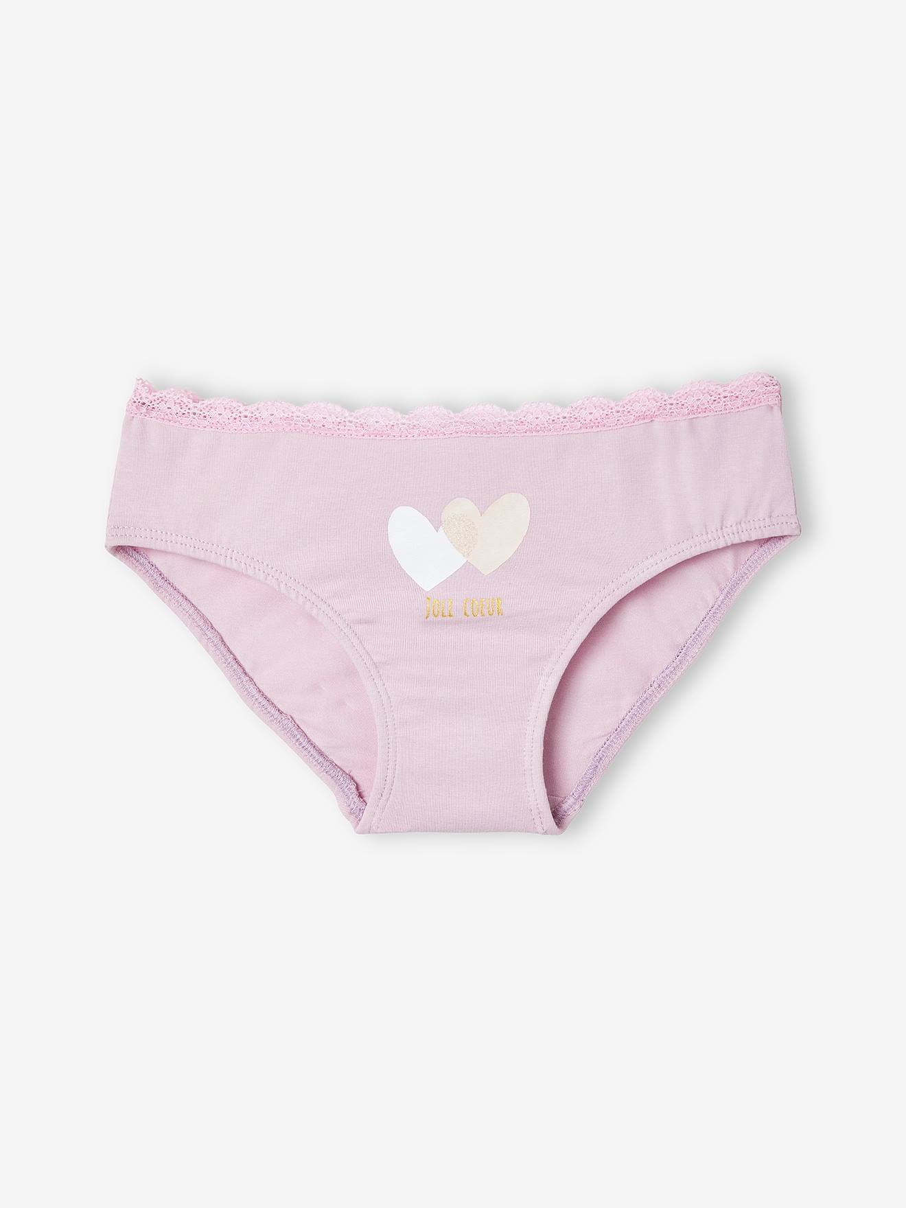 Pacote com 5 calcinhas lilás com estampa de corações para meninas.