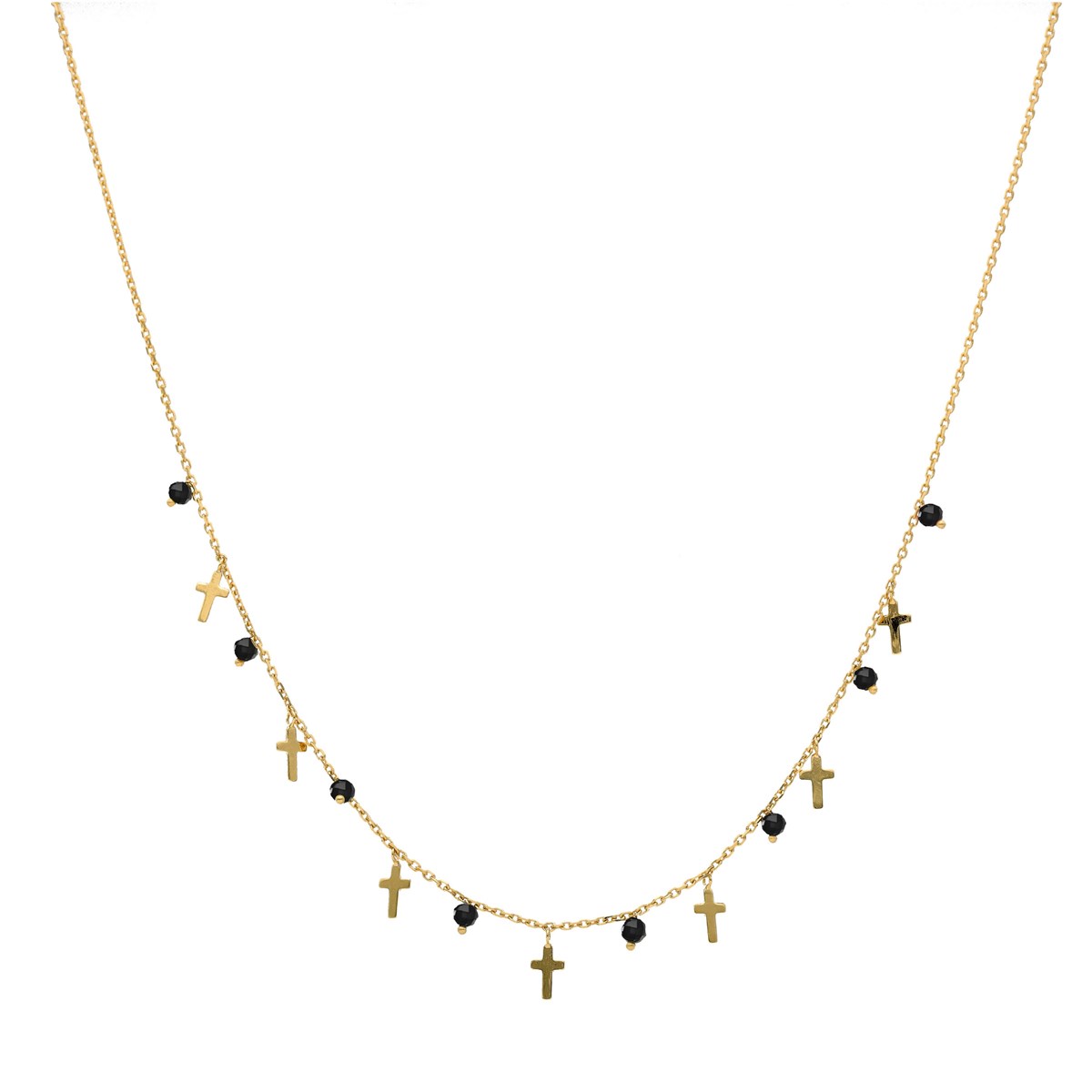 Collier Argent Doré Croix Et Pierres Naturelles Spinelle Noires