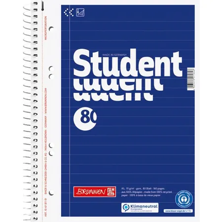 BRUNNEN Collegeblock Student Recycling, A5, 80 Blatt / 160 Seiten, Lineatur 4, blau