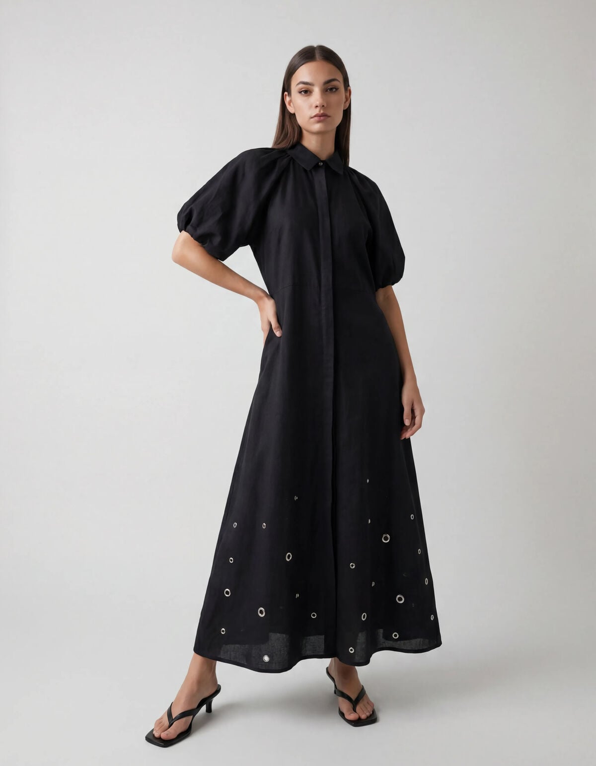 Linnen Eyelet Maxi Jurk Zwart