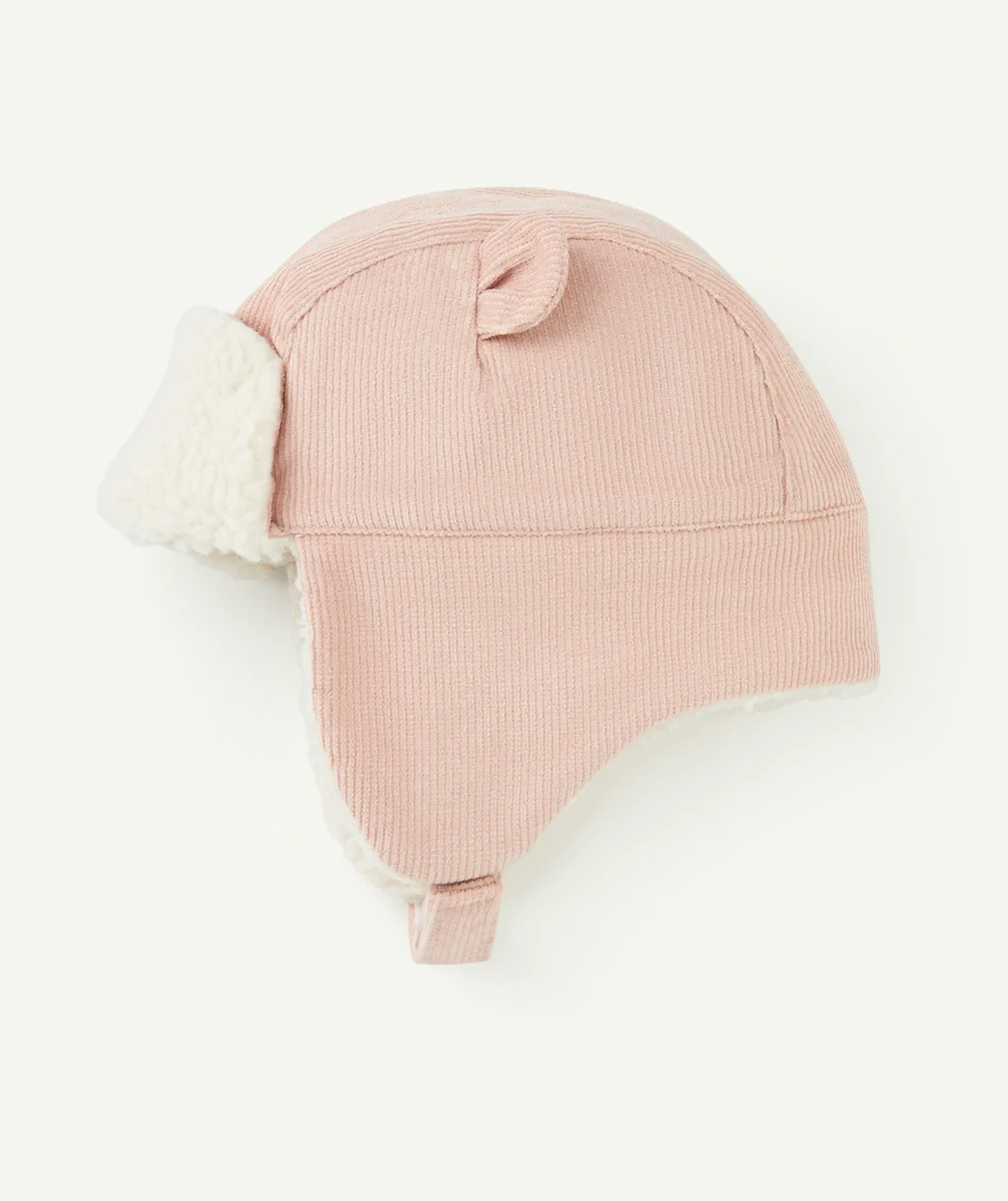 CHAPKA BÉBÉ FILLE EN VELOURS CÔTELÉ ET SHERPA ROSE ET BLANC
