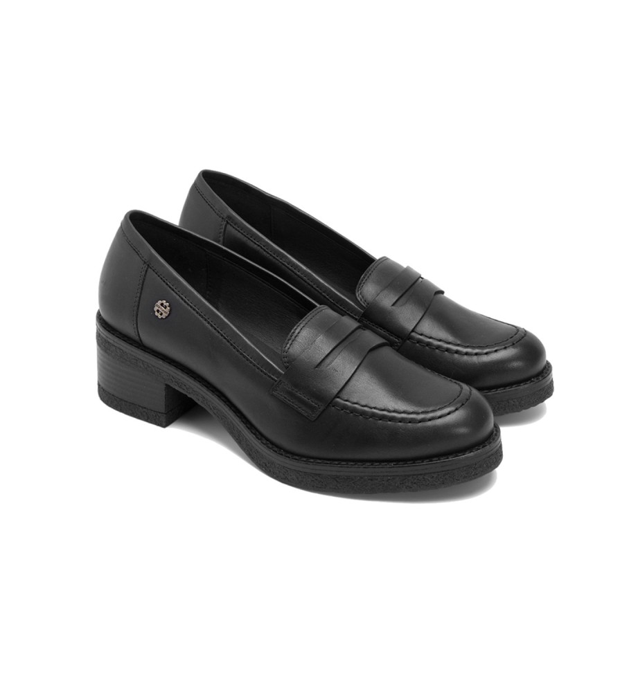 Mocassins Porronet Pandora em couro preto - Altura do salto: 5 cm -
