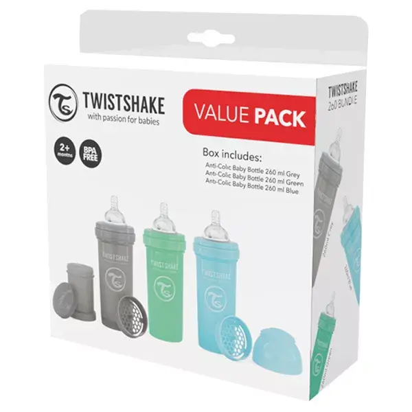 Kit com 3 mamadeiras Twistshake ECO Anti-cólica Azul/Verde/Cinza +2 meses 260ml