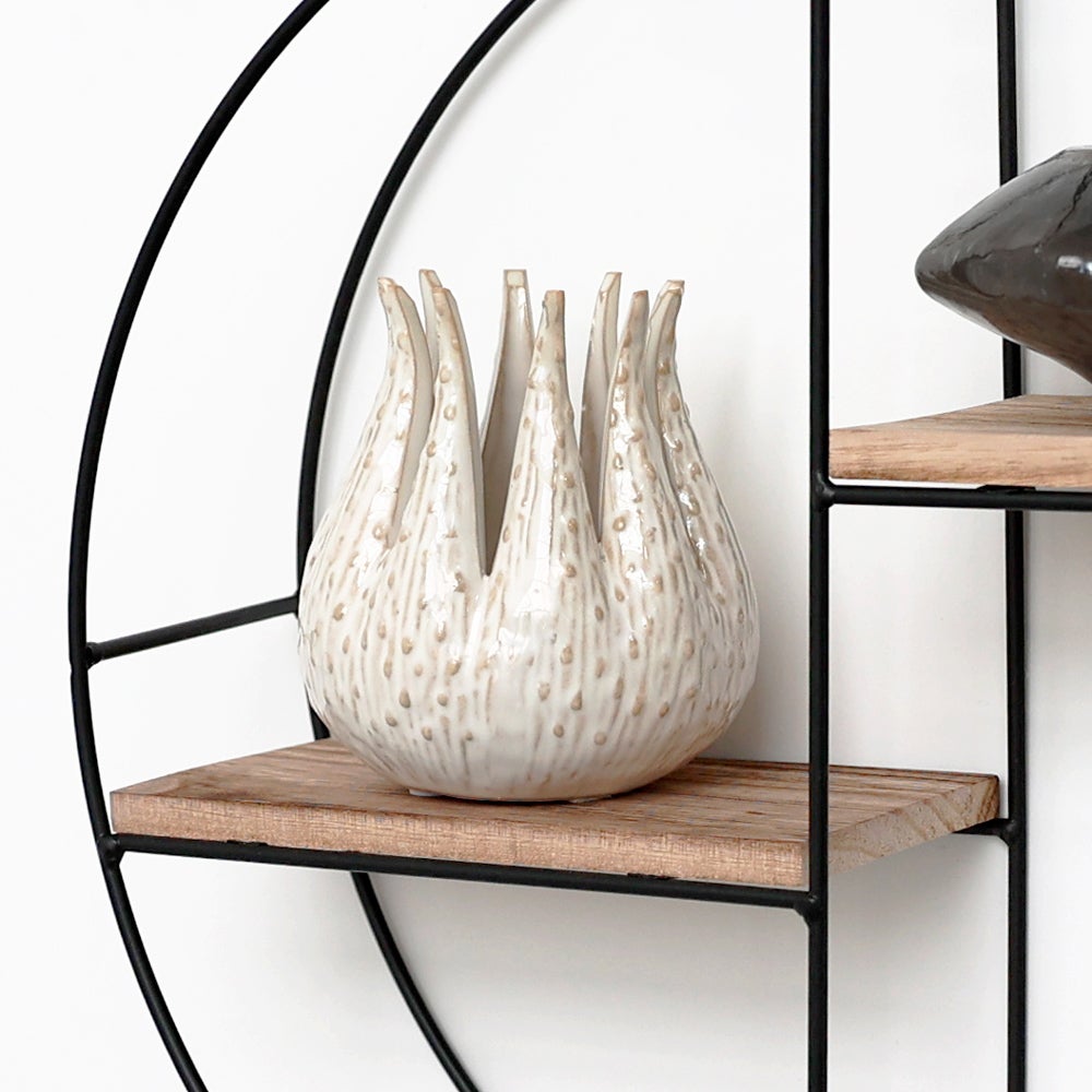 Zwarte metalen wandplank met 2 houten planken - Rond - 37x10 cm