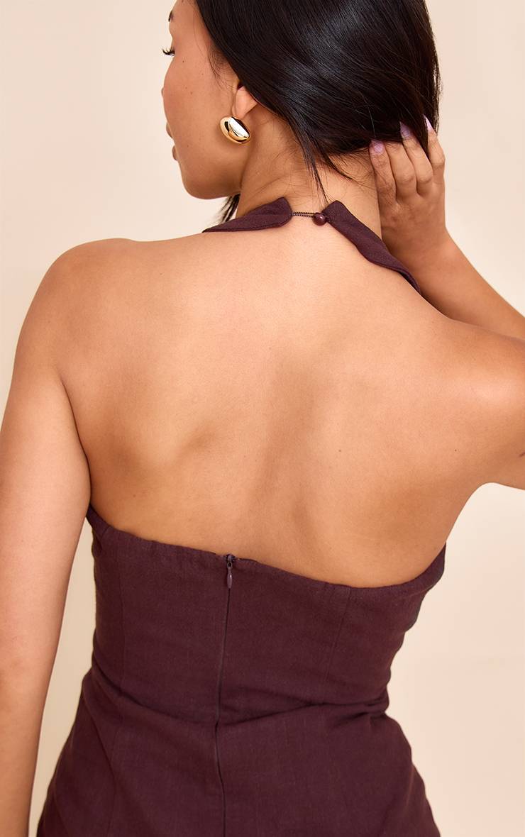 Deep Chocolate Robe Courte Premium En Lin À Col Licou