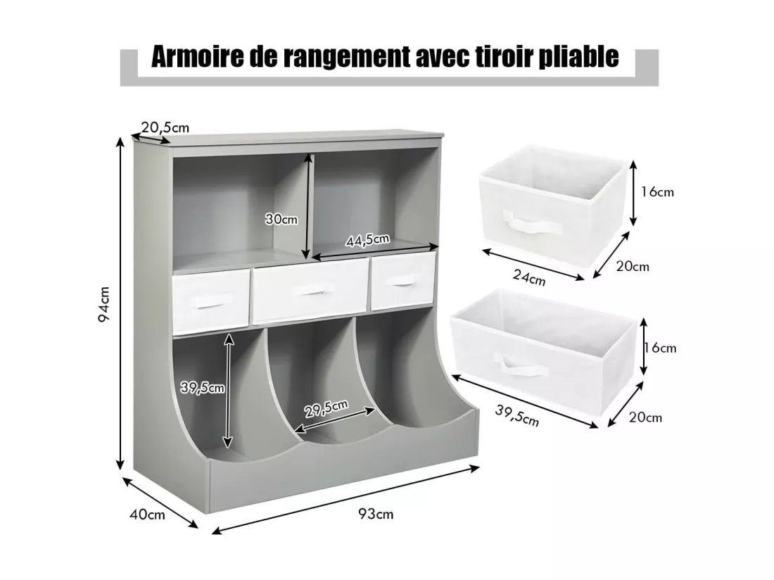 Bibliothèque enfants à 3 niveaux avec 3 tiroirs et 5 compartiments ouverts 93x40x94 cm