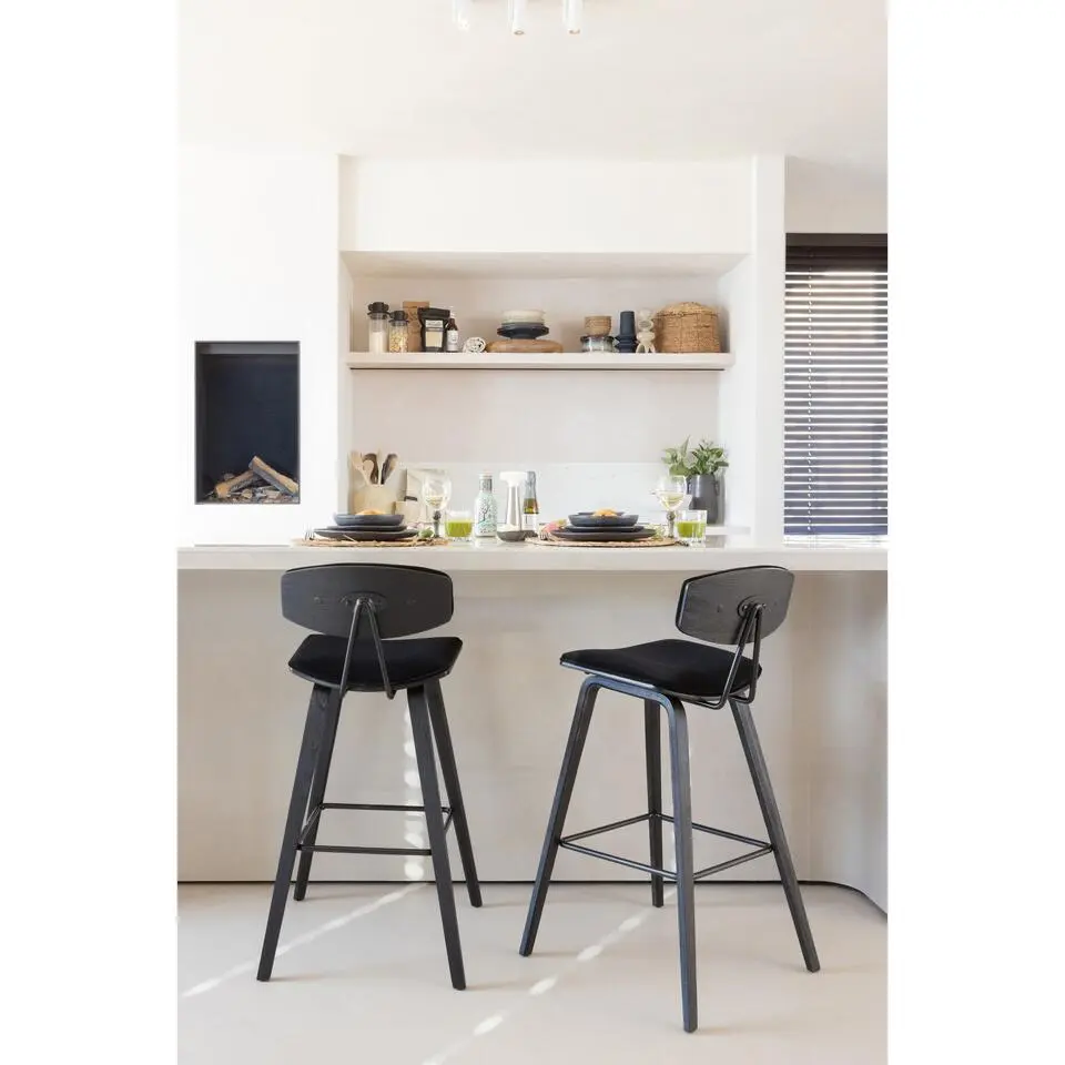 WOOOD Senn Barstoelen - Fluweel - Zwart - Set van 2