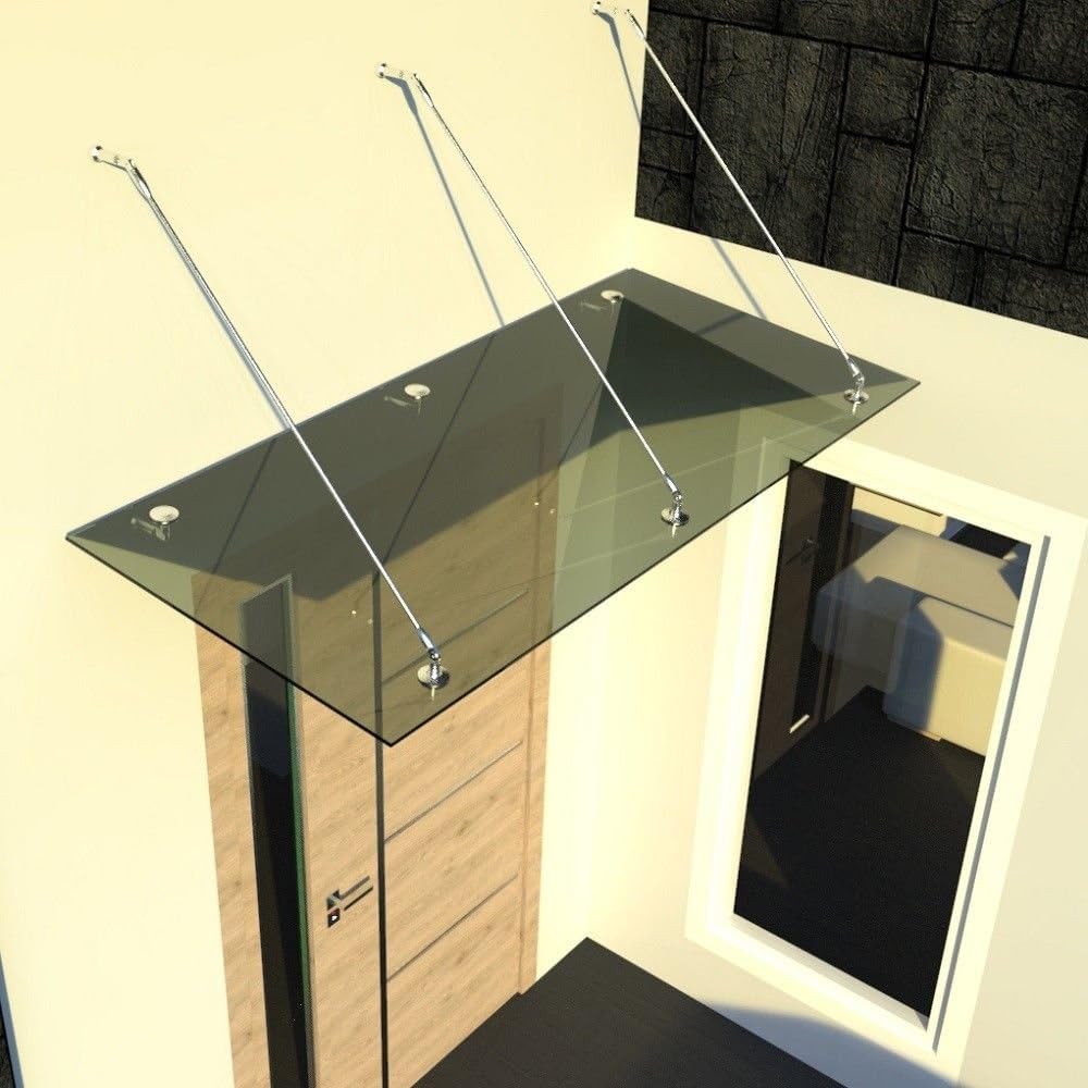 Glasvordach Vordach aus 13,14 mm starkem Verbundsicherheitsglas (VSG) mit hochwertigen V2A Edelstahlbeschlägen ALLE GROESSEN (Getönt 200cm x 90cm mit 3 Haltestangen)