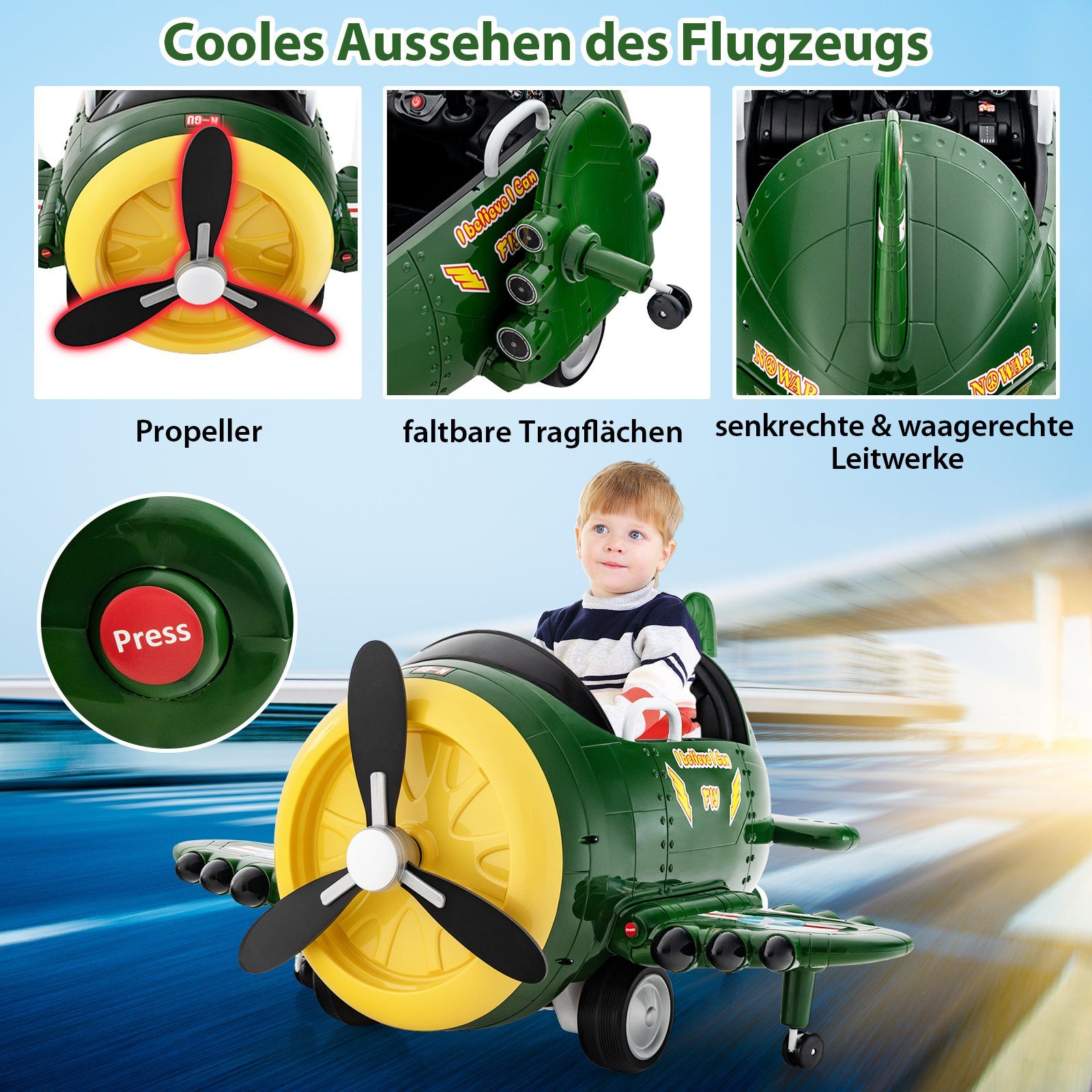 Carro elétrico infantil COSTWAY, avião elétrico com hélice, brinquedo de avião