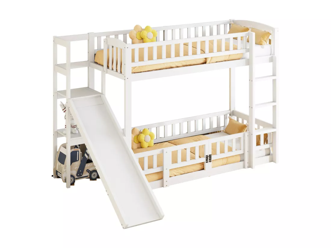 Lits superposés 2 x 90 x 200 cm avec toboggan, étagères et barrières de protection - Pin+MDF - pour enfant - Blanc (sans matelas)