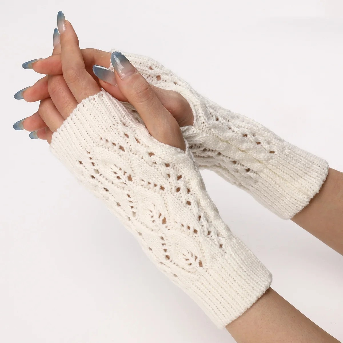 (1 Paar) Damen Armstulpen Strick Accessoire Fingerlose Handschuhe (One Size) - Weiss