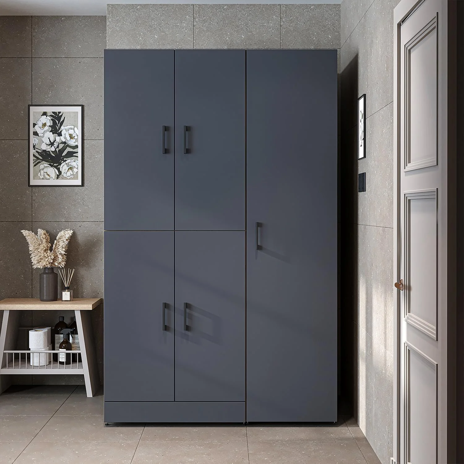 ROOMART Dora - Armoire de machine à laver - Pour sèche-linge et machine à laver - En 4 couleurs - Avec portes et panneau coulissant - Blanc - Chêne blanc - Chêne anthracite - Chêne blanc (chêne blanc)