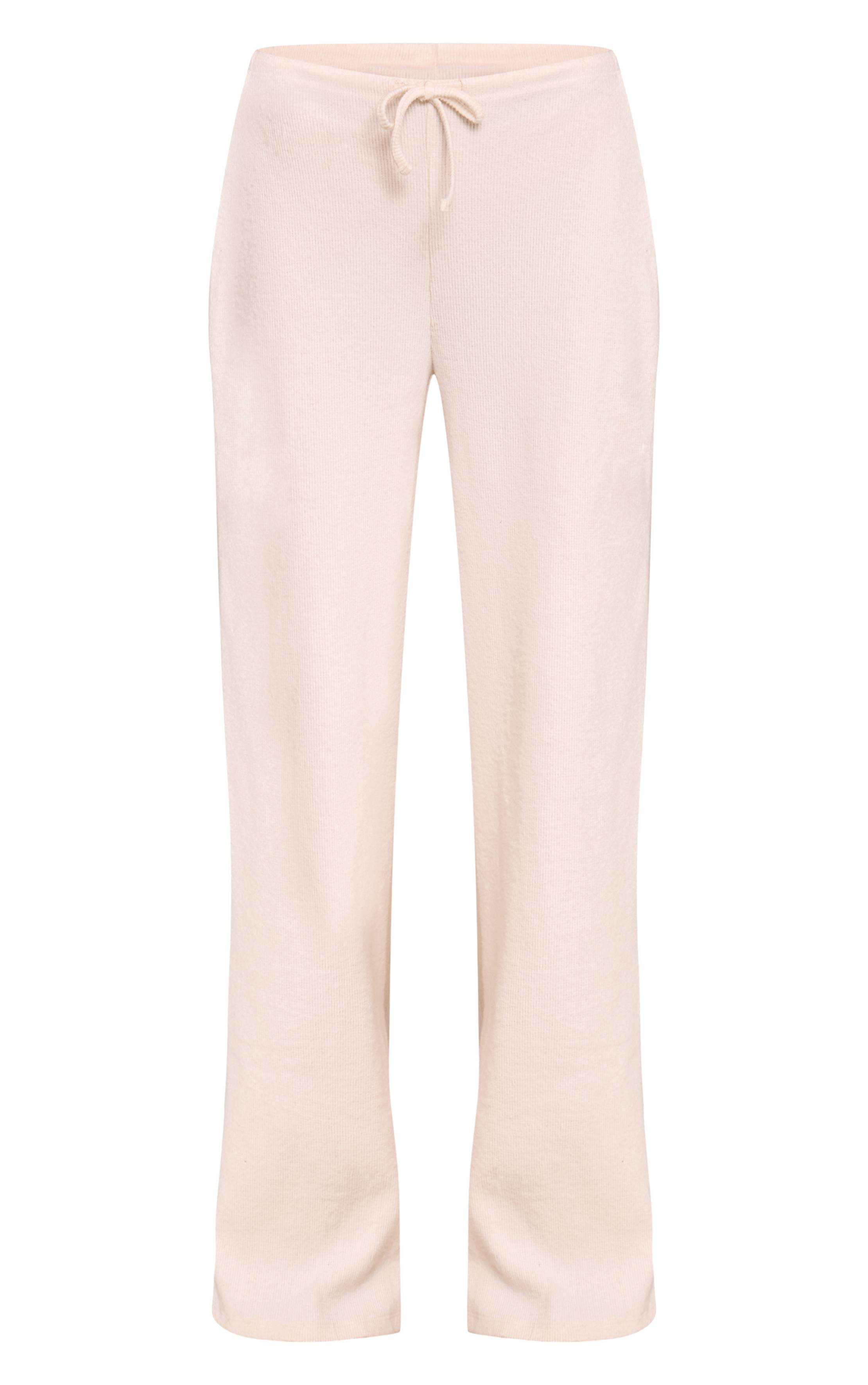 Ecru Pantalon Large Taille Basse Côtelé Doux Ensemble Coordonné