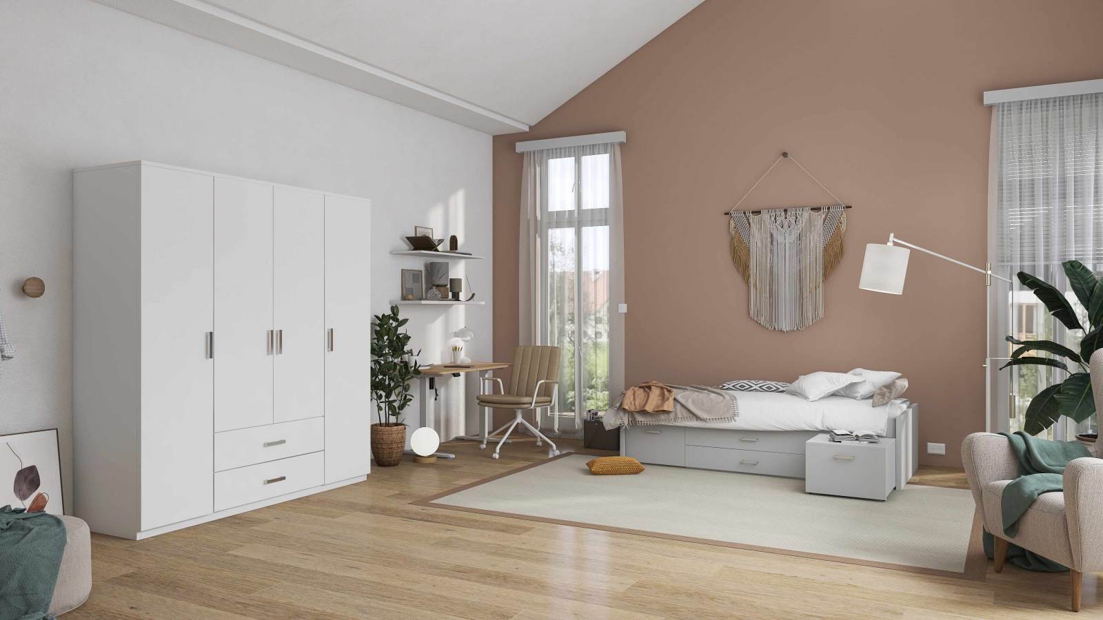 Funktionsbett RANYA - weiß - ausziehbare Nachtkommode - 140x200 cm