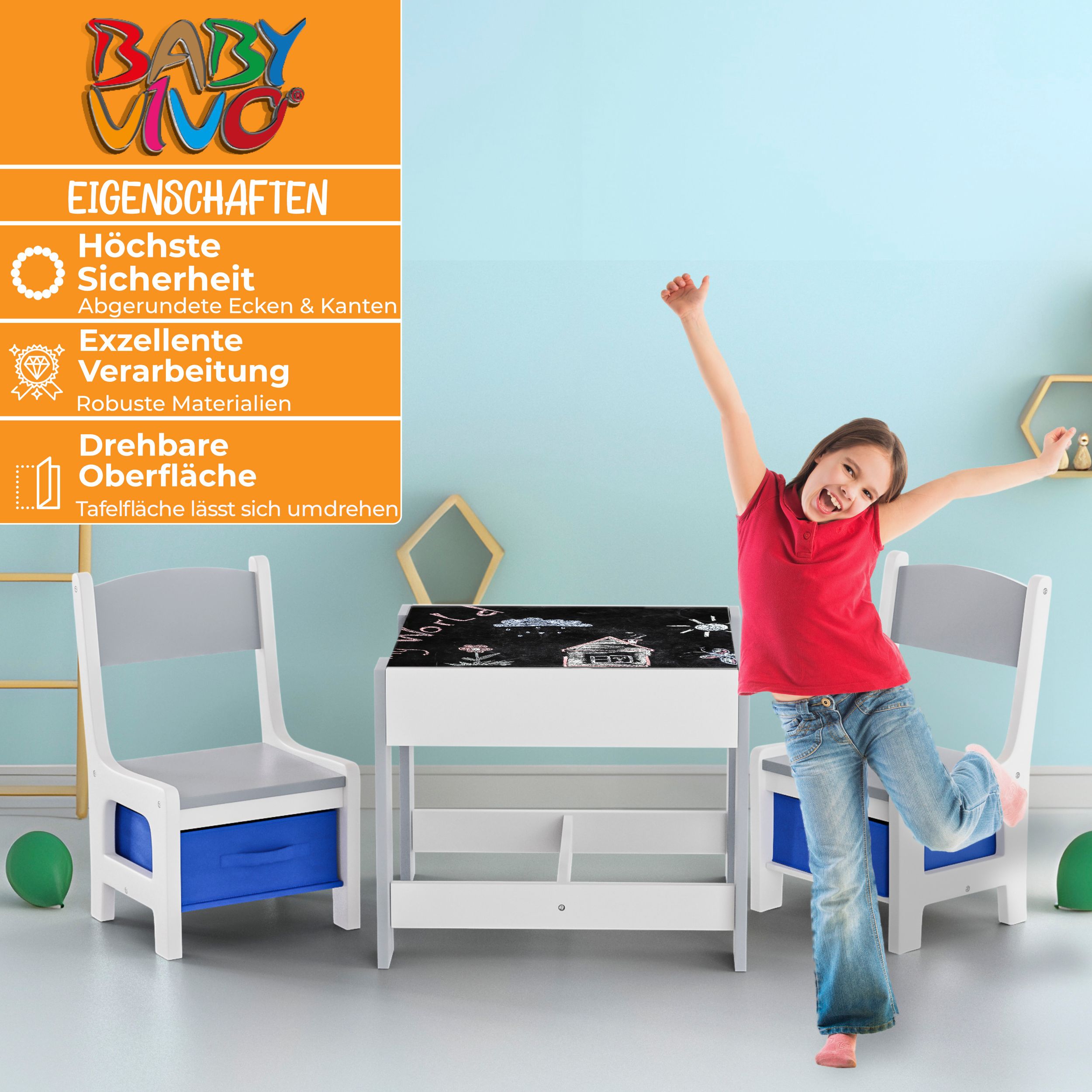Baby Vivo Kindersitzgruppe mit multifunktionalem Tisch und 2 Stühlen aus Holz - Maurice in Dunkelblau