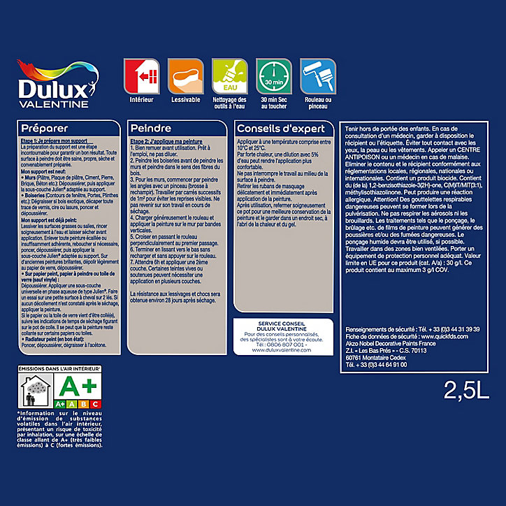Peinture Crème De Couleur Dulux Valentine satin noir 2,5L