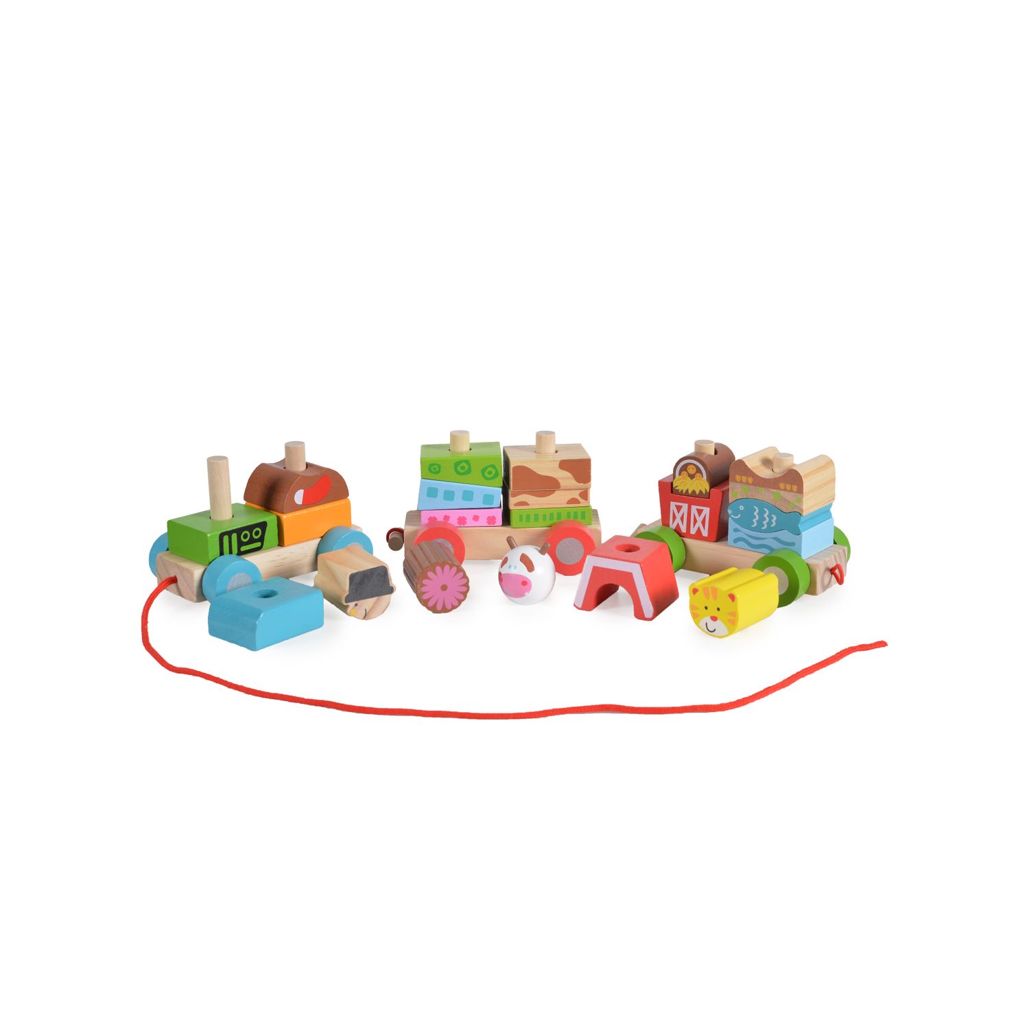Moni Spielzeug Zug 2036, Bauernzug aus Holz, Formsortierspiel, 1 Lok, 2 Waggons bunt