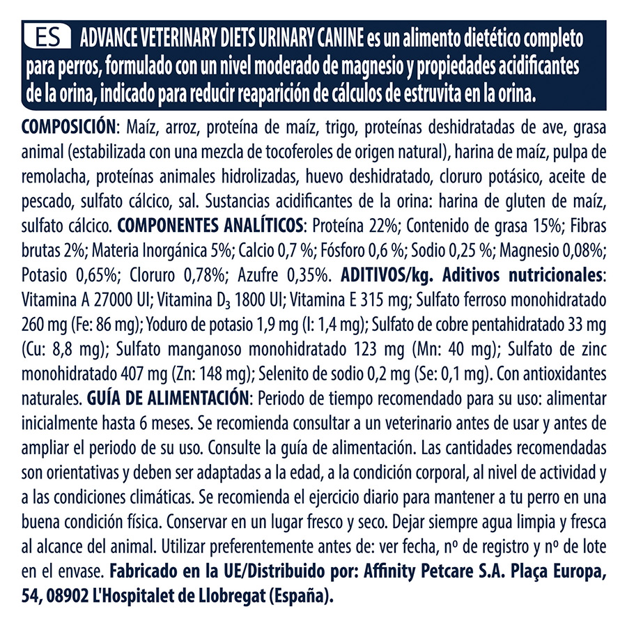 kg de ração Advance Veterinary Diets para cães com problemas urinários