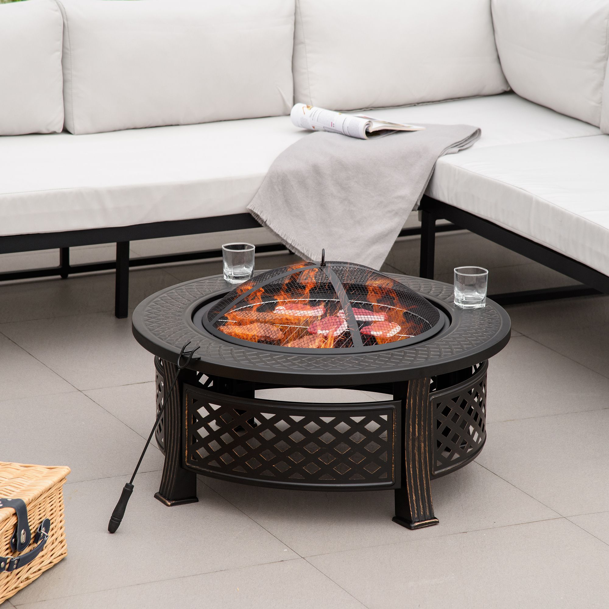 Outsunny Feuerschale mit 2 in 1 Funktion auch als Grill verwendbar schwarz 81L x 81B x 50H cm