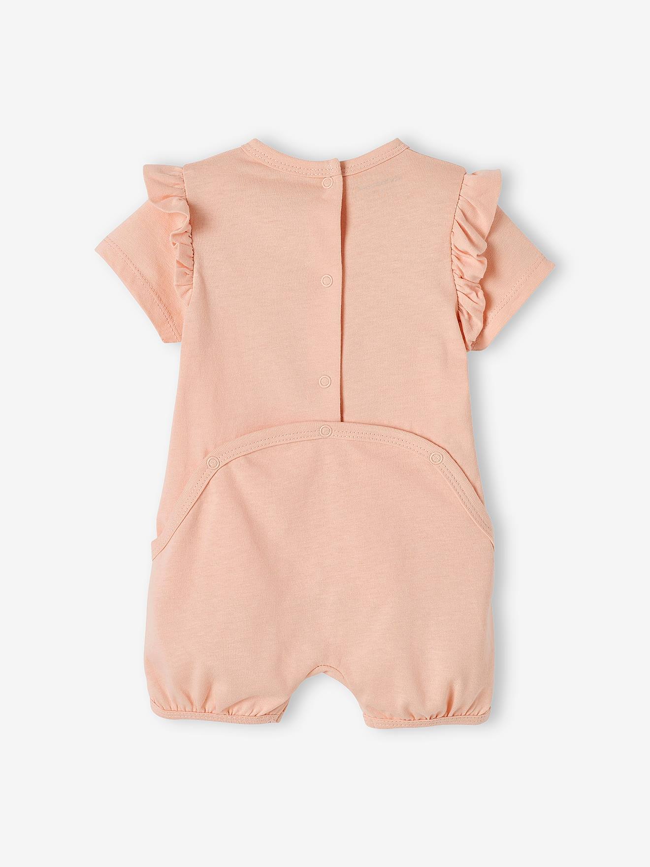 Conjunto com 2 pijamas curtos de body para bebê menina, em dois tons de rosa claro/multicolorido, com certificação Oeko-Tex®.