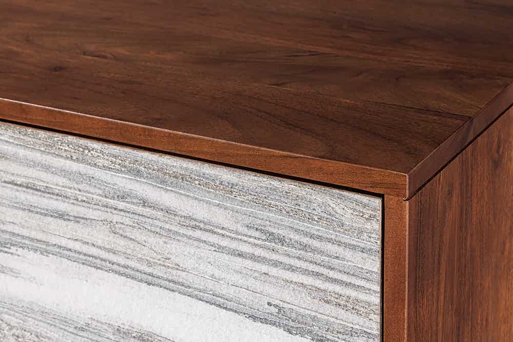 Massivholz Highboard MOUNTAIN SOUL 120cm echter Naturstein weiß Akazie Schrank Marmor-Design