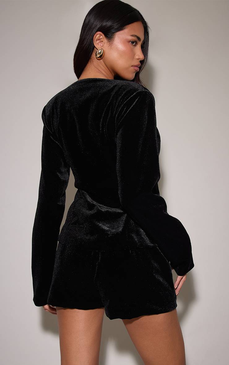 Noir Blazer Ensemble Coordonné En Velours Décolleté Plongeant Boutons Dorés