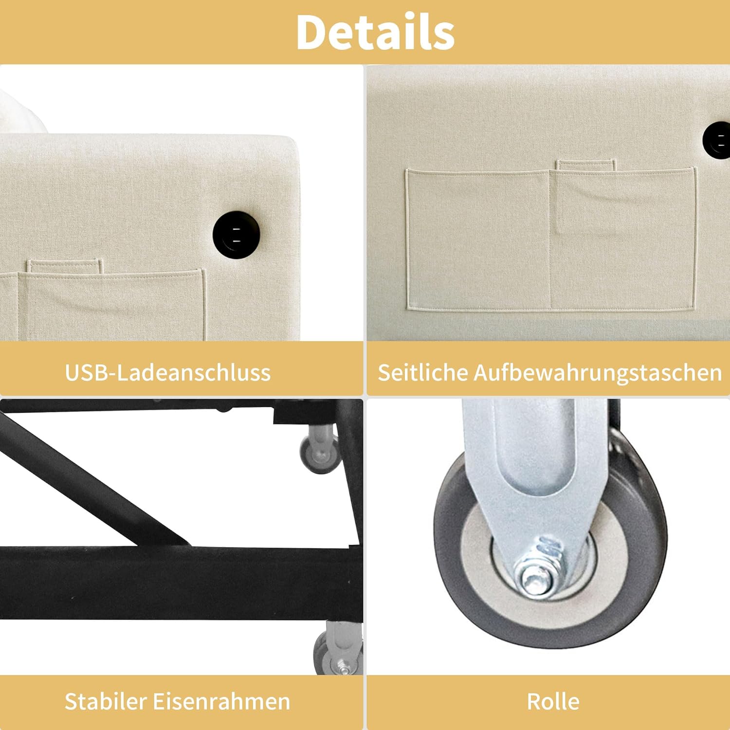Modernes Doppel-Klappschlafsofa, 2-Sitzer Ausziehsofa mit Schlaffunktion, mit verstellbare Rückenlehne&Armlehnentaschen und Kissen, USB-Ladeanschluss, für Wohnzimmer Schlafzimmer Büro (Beige C)