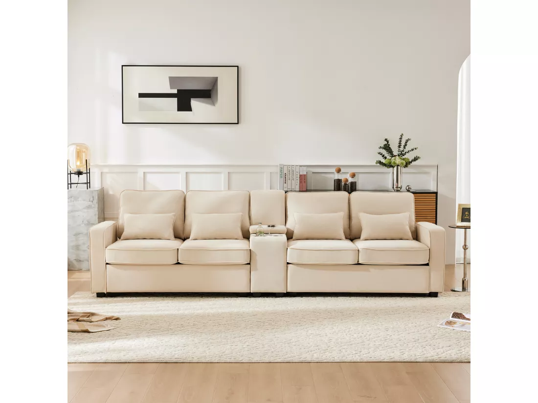Canapé 4 places - 290 x 83 x 88 cm - avec 2 porte-gobelets, 2 ports USB, 2 poches et 4 coussins - Tissu en lin - Beige