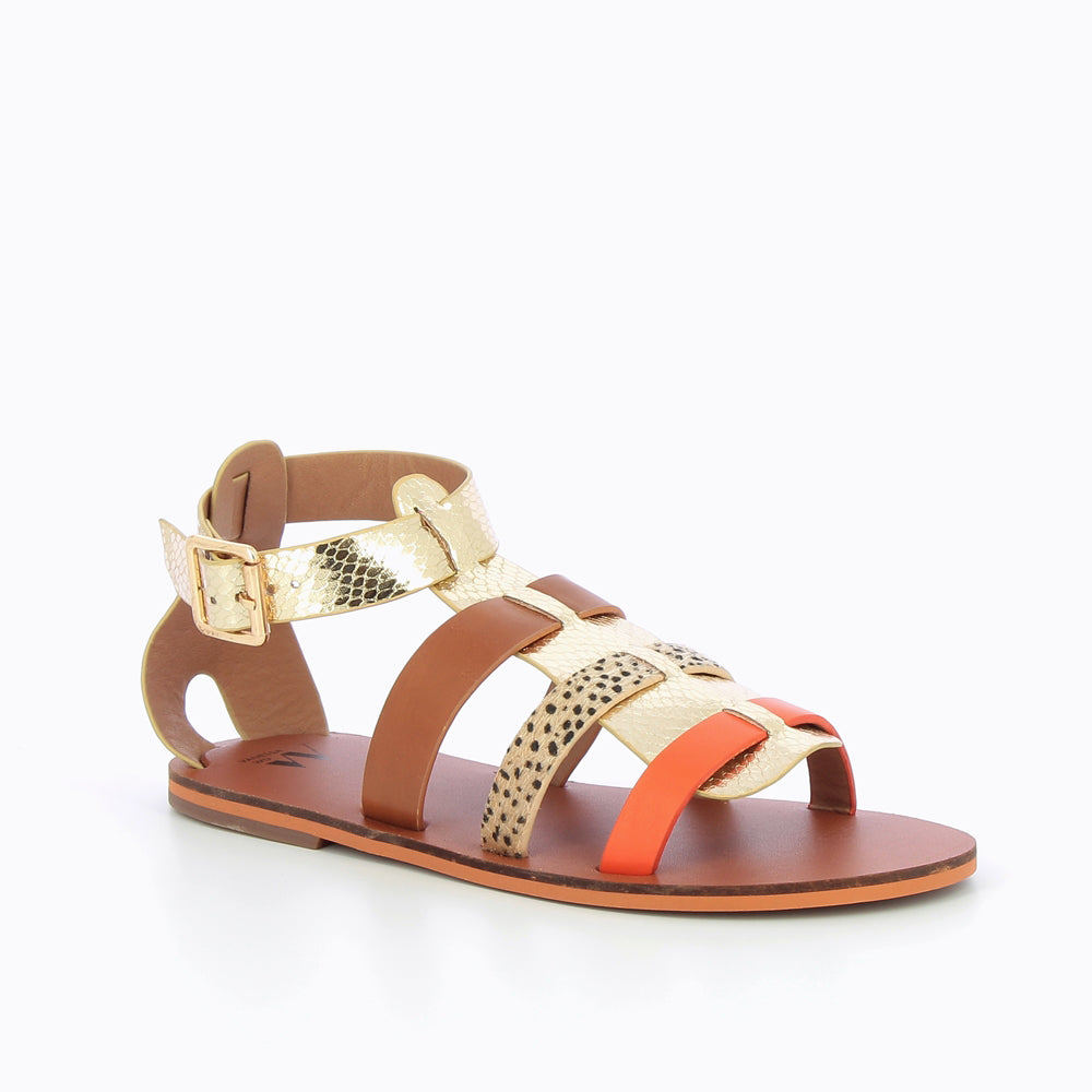 Sandales plates-Spartiates Laurine or et camel à bride orange