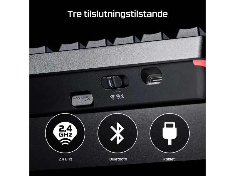 HyperX Alloy Rise - Tastatur - 1000 Hz pollingfrekvens, 100% anti-ghosting, 80 millioner tastetryk - 75% - bagbelyst - trådløs - 2.4 GHz, Bluetooth, USB-C - tastkontakt: HyperX Linear - sort