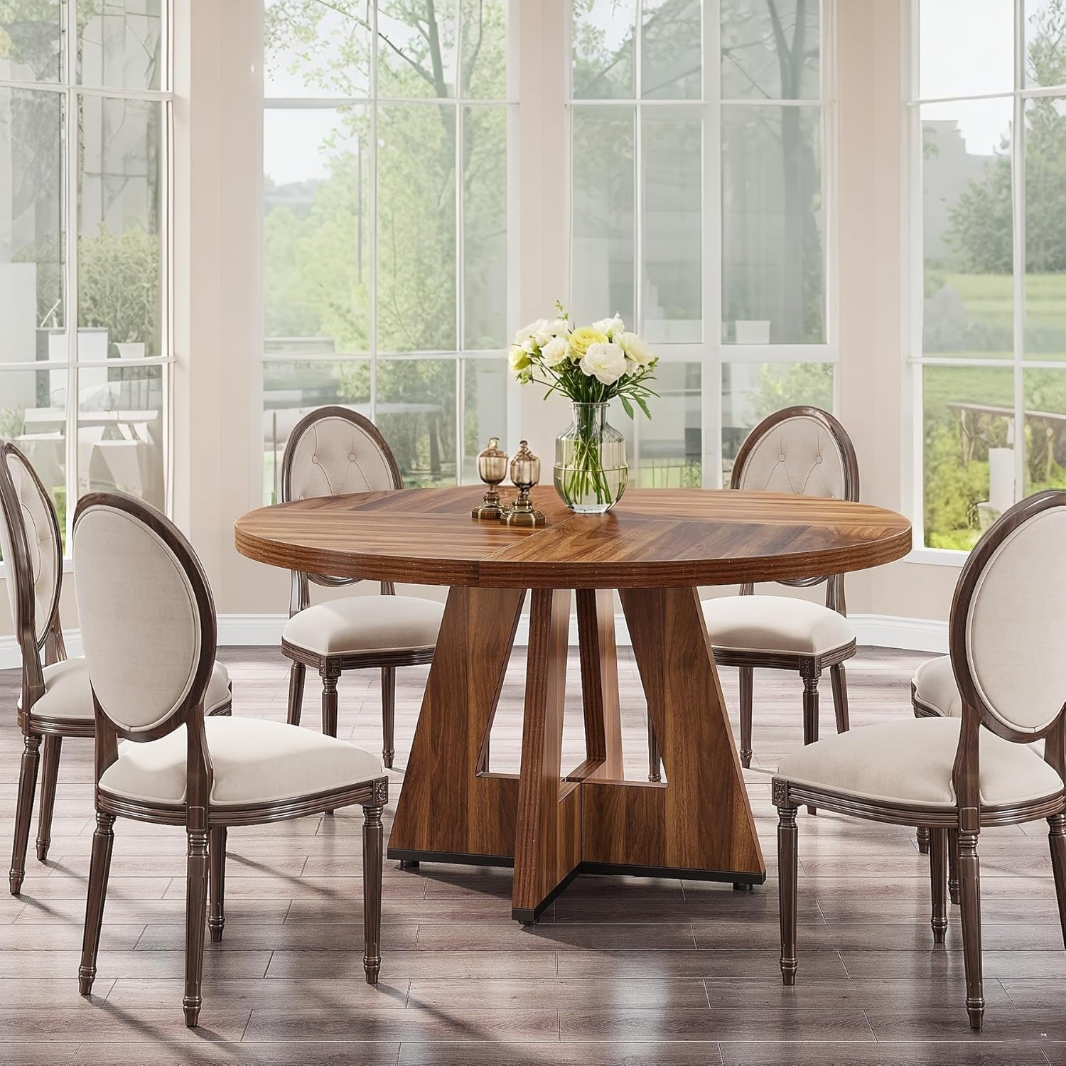 Runder Esstisch, Küchentisch, Hölzern Esszimmer Tisch, 120 cm Esszimmertische für 4 Personen, Bauernhaus Esstisch für Wohnzimmer, Rustikales Braun LI7853826