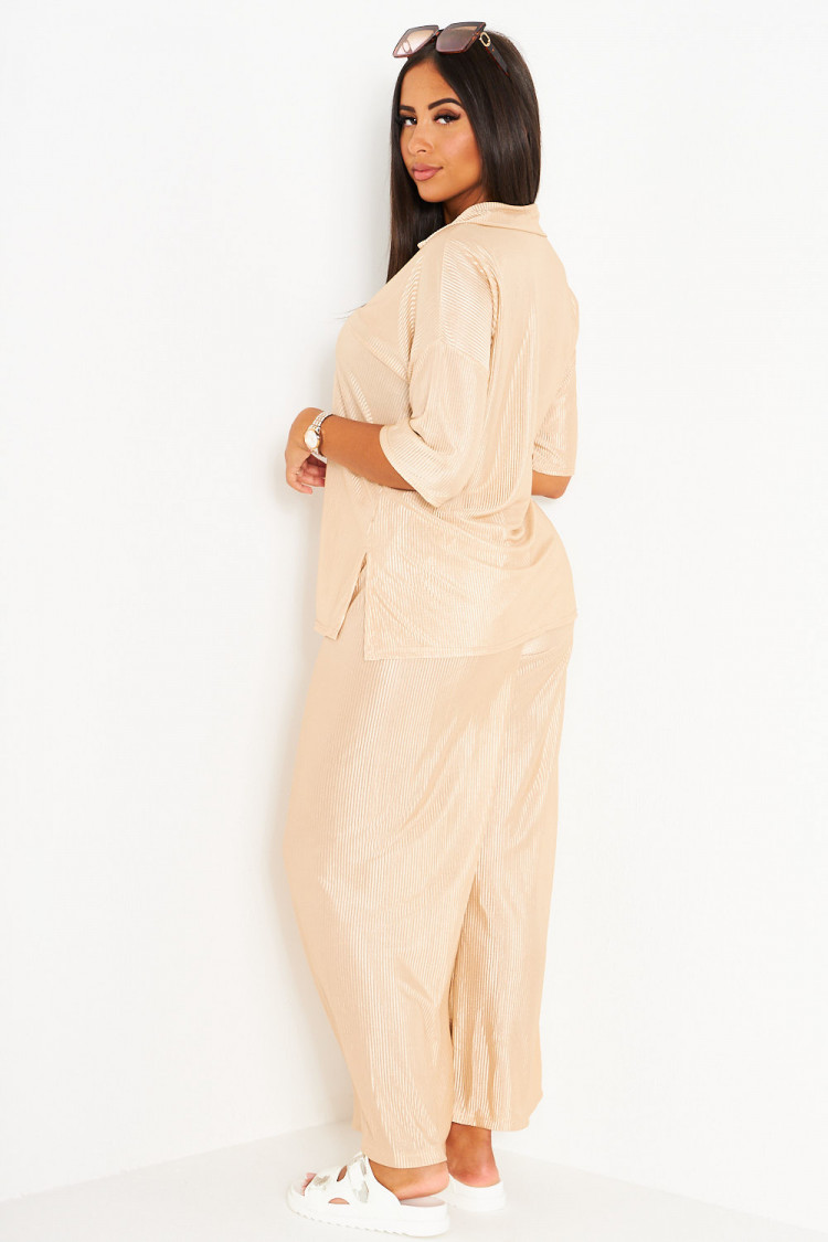 Ensemble 2 pièces top + pantalon beige plissé