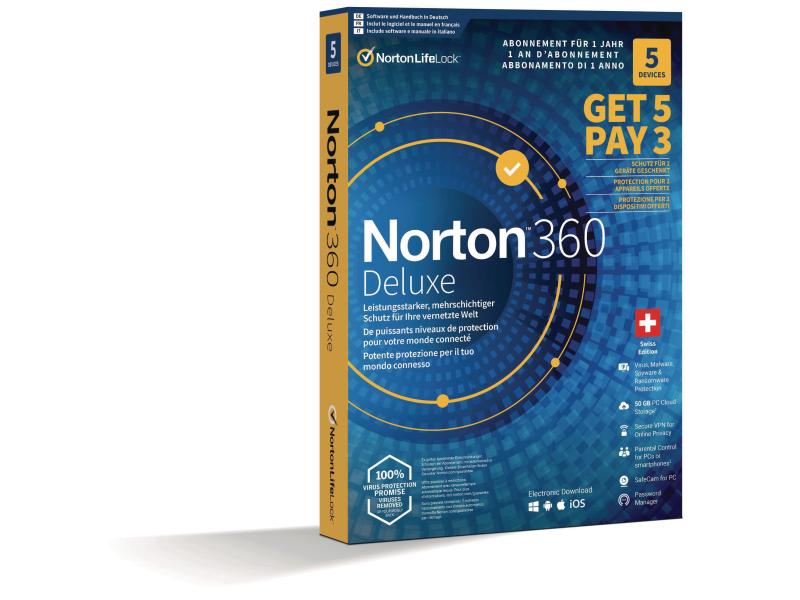 Norton Norton 360 Deluxe – Promo Box, 5 Device, 1 Jahr Mehrere Schutzebenen für Ihre Geräte und Funktionen für Ihre Online-Privatsphäre.