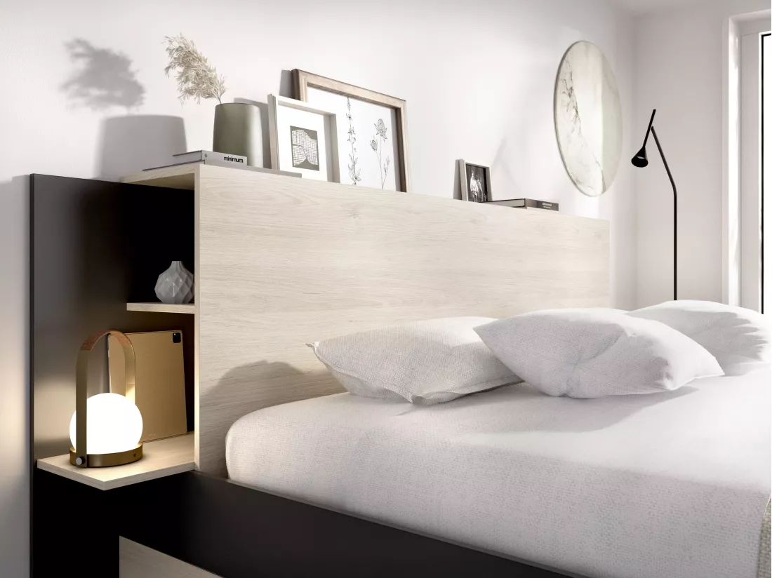 Lit 140 x 190 cm avec rangements - Coloris : Naturel et noir - KEROSIA