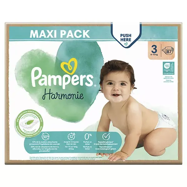 Fraldas Pampers Harmonie Maxi Pack T3 (6-10 kg) com embalagem de papel reciclável