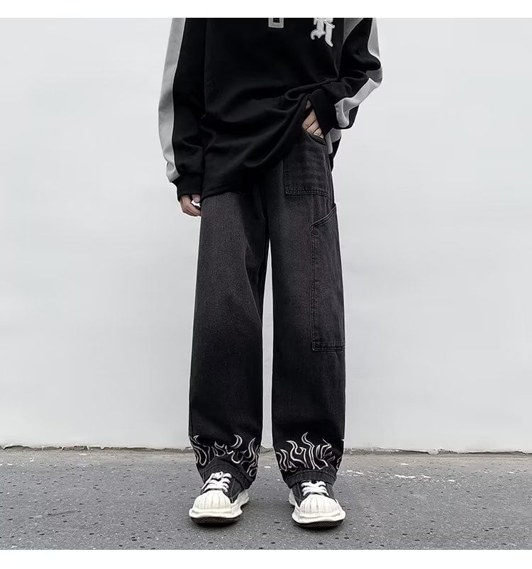 Double White - Mid Rise Flame Print Washed Panel Straight Leg Jeans