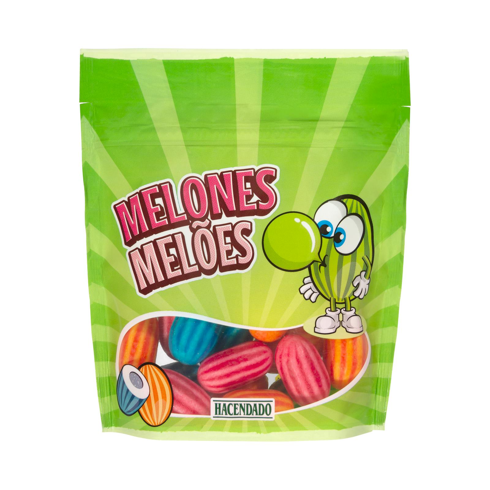 Chewing-gum au melon aigre Hacendado au goût de melon, fraise, pêche et framboise