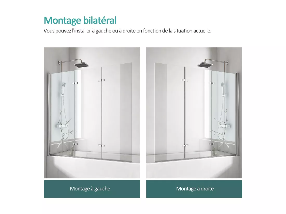 EMKE Pare de baignoire en 6 mm verre securit Paroi de douche pliable pour baignoire - 120 x 140 cm - Revêtement Nano facile à nettoyer Modèle 2